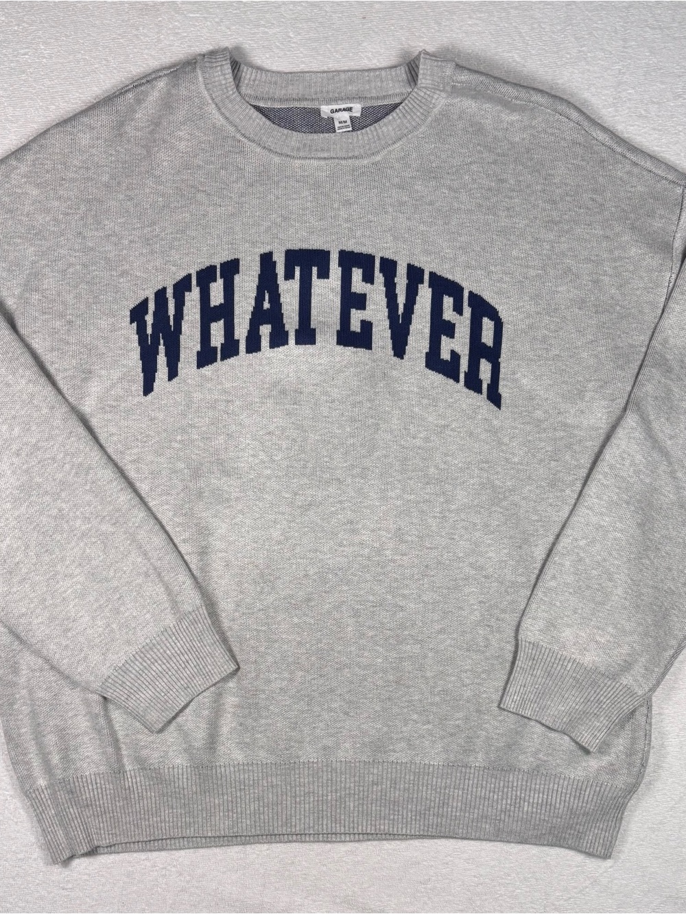 Garage Grey Crewneck Oversized Sweater with Navy 'WHATEVER' Graphic